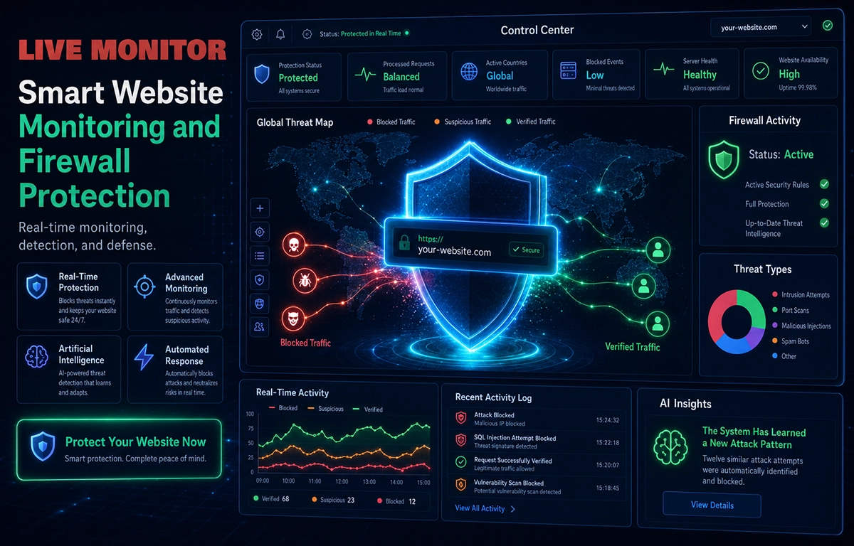 Illustration: a control centre with a global threat map, a central shield, status cards, an activity graph and an event log.